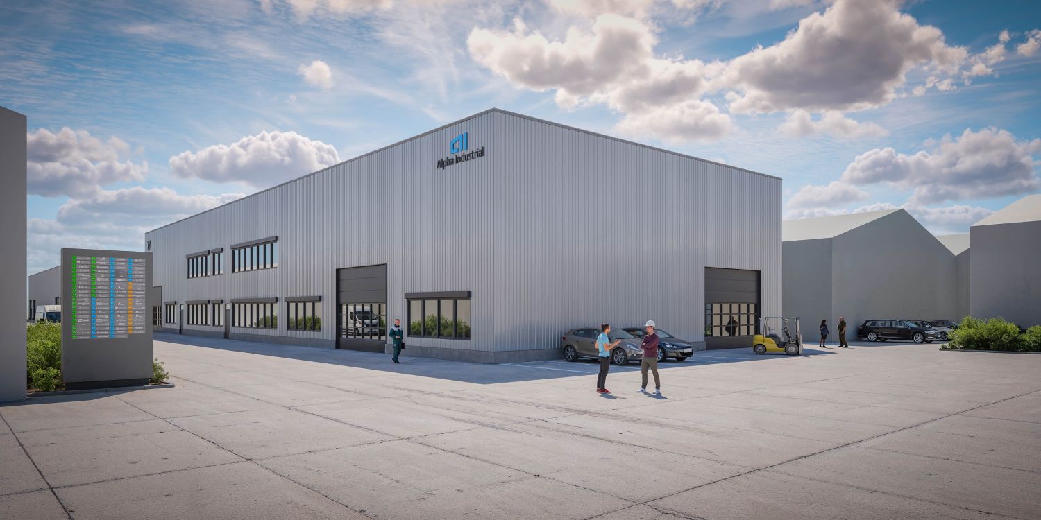 Die Visualisierung zeigt die erste neue Gewerbeimmobilie im Alpha Industrial Gewerbepark Bergheim bei Fertigstellung. Bildrechte: Alpha Industrial